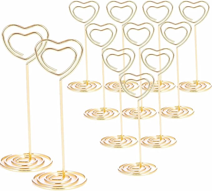 12pcs Table Number Holders Metal, 3.35 inch Place Card Stands for Wedding Centerpieces, Birthday Party - Table Card & Photo Picture Holders (Gold-Heart Shaped)