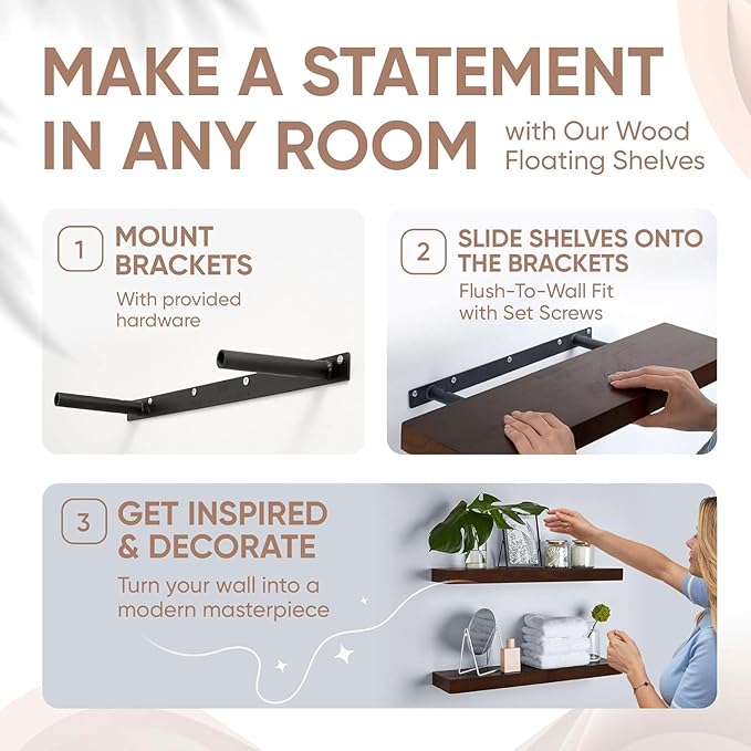 Homeforia 30inch Walnut Floating Shelves for Wall Mounted, High End Solid Real Wood 30 in Floating Shelf, Dark Brown Wooden 30 inch Long Floating Shelves, Heavy Duty Bracket, 30 X 6.5 X 1.75, Set of 3