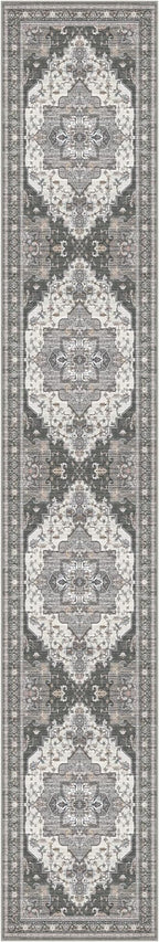 GENIMO 2X12 Hallway Runner Rug, Machine Washable Non Slip Vintage Floral Patchwork Runners, Thin Low Pile Chenille Carpet Runners for Entryway, Kitchen, Bathroom, Bedroom, Slate Gray
