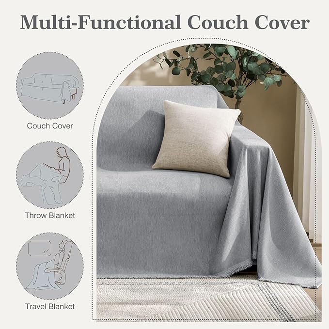 Couch Cover for Dogs Sectional Sofa Covers Washable for 2 Cushion Couch, Chenille Couch Cover Blanket, Sectional Sofa Slipcovers, Multi-Use Furniture Protector for Kids, Pets, 91" X134", Light Grey