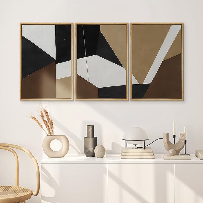 SIGNWIN Framed Canvas Print Wall Art Bold Geometric Shapes Modern Black, White, and Brown Abstract Photography Modern Art Minimalist for Living Room, Bedroom, Office - 24"x36"x3 Natural