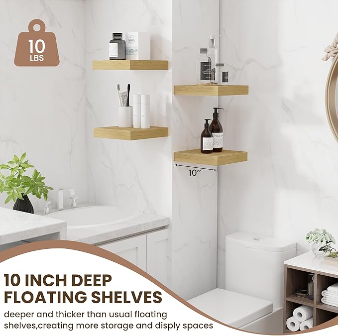 Fun Memories Floating Shelves for Wall - 10" x 10" Wood Shelf with Invisible Bracket - Deep Floating Shelves - 10 Inch Shelf Wall-Mounted for Living Room & Bathroom - Oak - Set of 2