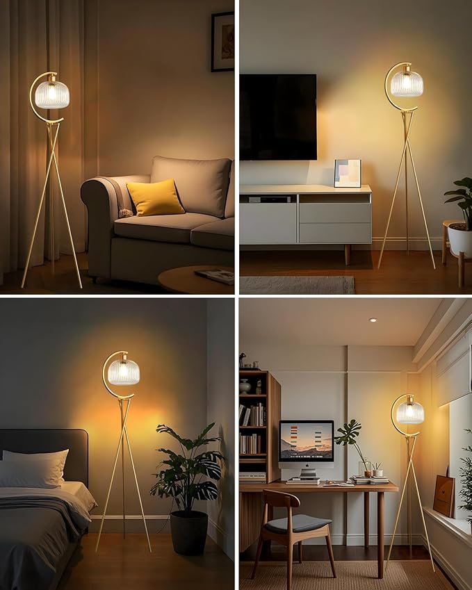 Lightdot Tripod Floor Lamp for Living Room, Gold Standing Lamp with Clear Glass Lampshade, Farmhouse Tall Lamp for Bedroom, Arced Reading Light for Home Office