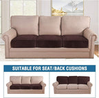 H.VERSAILTEX Velvet Stretch Couch Cushion Cover Plush Cushion Slipcover for Chair Loveseat Sofa Cushion Furniture Protector Seat Cushion Sofa Cover (3 Piece Sofa Cushion Covers, Brown)