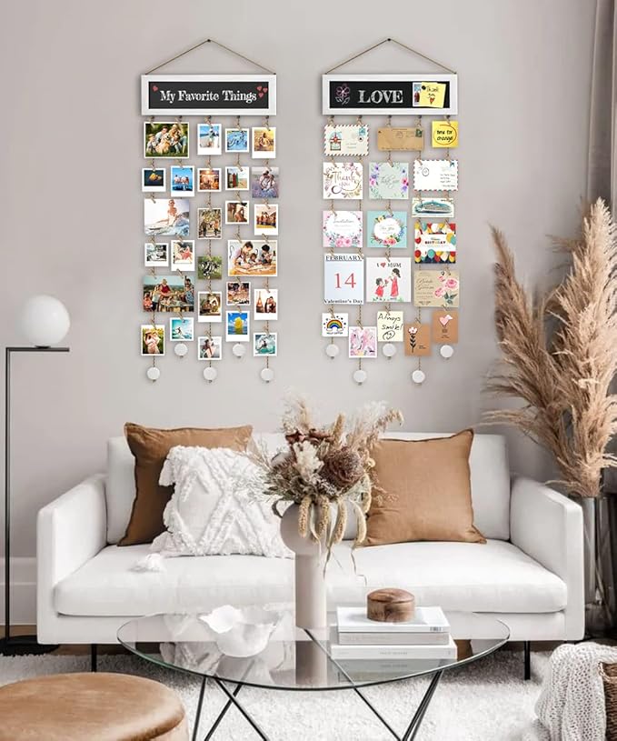 Bikoney Picture Frames Collage Wall Decor Photo Hanging Display Picture Board Wood Rustic Frames for Home Dorm Room Decor with Blackboard and 30 Clips White