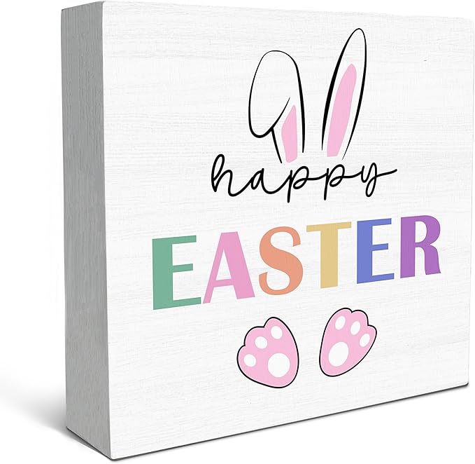 SRADMO Happy Easter Sign, Cute Bunny's Ear Easter Wood Box Sign Desk Decor, Easter Bunny Decorations, Easter Theme Wooden Block Box Sign Decoration for Home Office Shelf Table Decor