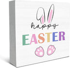 SRADMO Happy Easter Sign, Cute Bunny's Ear Easter Wood Box Sign Desk Decor, Easter Bunny Decorations, Easter Theme Wooden Block Box Sign Decoration for Home Office Shelf Table Decor