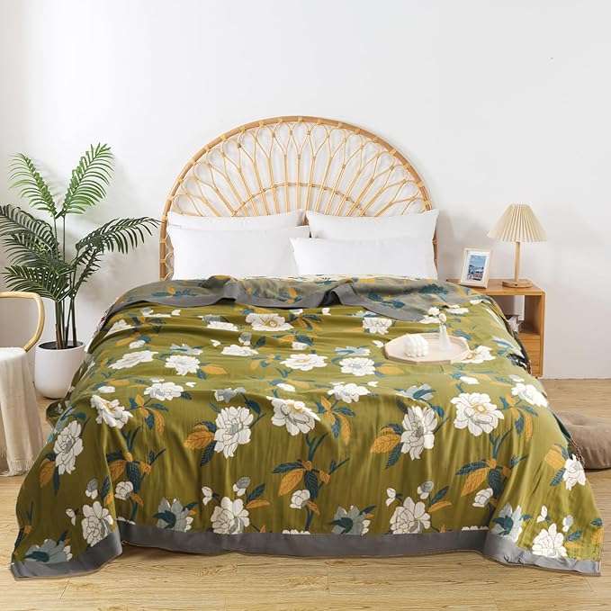 Boho Throw Blanket for Bed - 100% Pure Cotton Ultra Soft Rustic Quilt - Farmhouse Decor Bed Blankets, All Season Rustic Throw for Sofa Couch Chair(80''x 90'', Flower Branch)