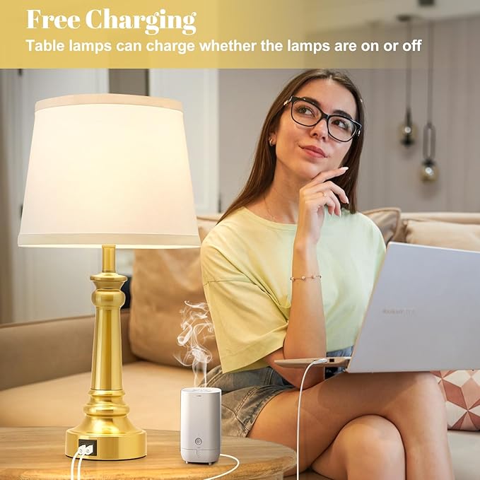 Touch Lamps for Nightstand Set of 2 - Gold Table Lamp for Bedroom 3 Way Dimmable Bedside Lamps with USB C+A Ports - Lamps for Night Stands Living Room End Table,2 LED Bulbs Included