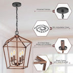 Chandelier for Dining Room, 4-Light Rustic Chandelier Fixtures, Vintage Ceiling Light with Adjustable Height, Antique Bronze Geometric Hanging Light for Bedroom, Foyer, Kitchen, Living Room, Entryway