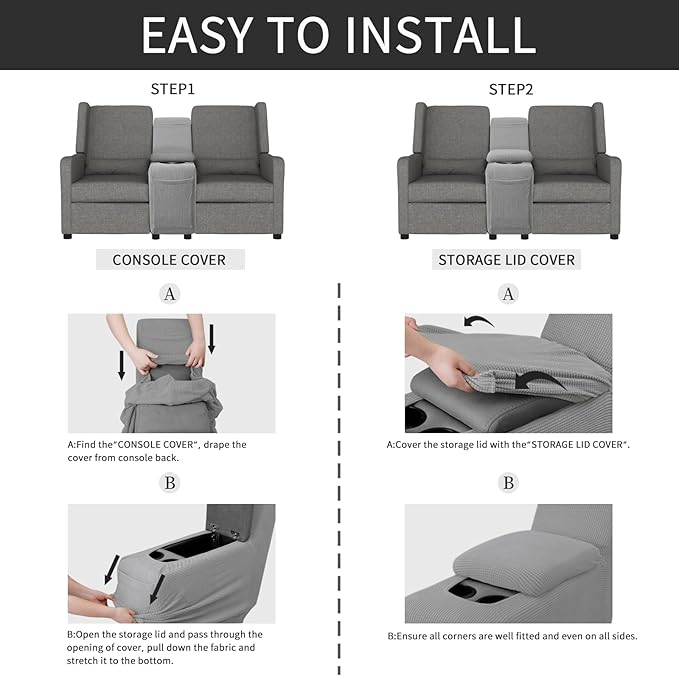 Easy-Going 2-Piece Recliner Console Cover for Reclining Loveseat Covers Stretch Jacquard Middle Console Cover for Recliner Couch and Sofa Light Gray
