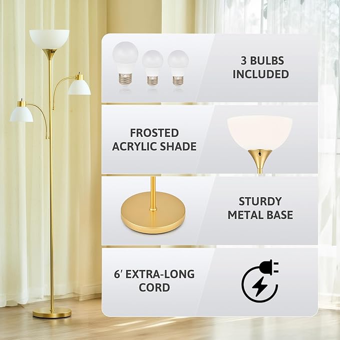 VONLUCE 71" Floor Lamp for Living Room with Adjustable Reading Light, 3 Color Temperatures Modern Torchiere Floor Lamp with 3 Bulbs