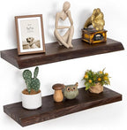 Floating Shelves for Wall, 24"x9.3" Rustic Solid Live-Edge Elm Wood Wall Shelves, Heavy-Duty Floating Shelves with Invisible Brackets, Set of 2 for Living Room, Bedroom, and Kitchen, Walnut Finish