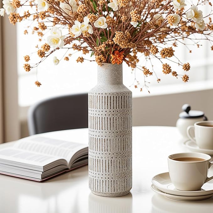 Rustic Ceramic Vase for Living Room Bedroom 11.02'' Antique White Flower Vase for Bouquet Fake Plant Home Decor Office Table Shelf Fireplace Centerpieces Retro Vintage Classic Modern