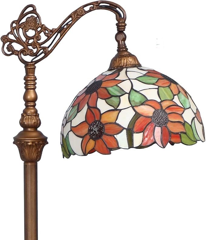 Bieye L10515 Orange Sunflower Tiffany Style Stained Glass Reading Floor Lamp with 12 inch Wide Shade, Light Direction is Adjustable, 65 inch Tall