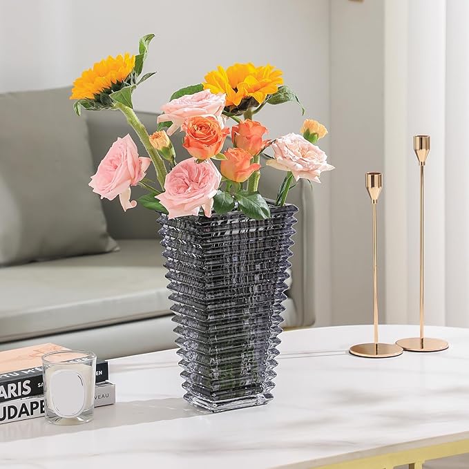 MCMCNCUIU Crystal Glass Vase, Large Crystal Vases for Flowers, Large Flower Vase, Black Modern Vases for Living Room, Bedroom, Kitchen, Dining Table, Mantle, Wedding, 11 Inches
