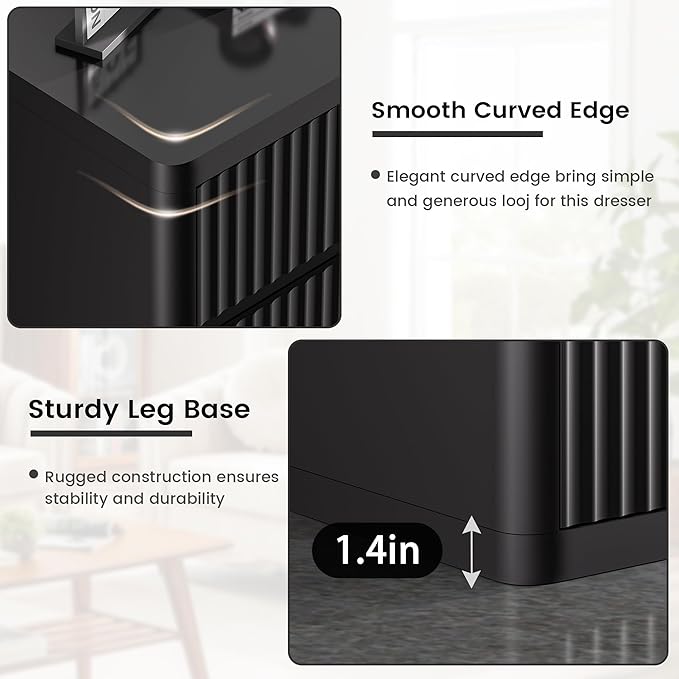 Black 9 Drawers Dressers for Bedroom, 57" Large Chest of Drawers with Handleless, Curved Profile, Modern Flute Dresser TV Stand, Wooden Closet Clothes Storage Organizer for Living Room