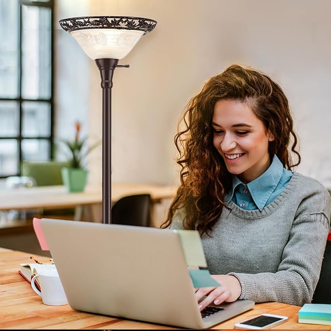 Luvkczc Torchiere Floor Lamp for Living Room - 70" Victorian Floor Lamp with with Etched Glass Shade, Vintage Standing Corner Tall Reading Light for Bedroom Office