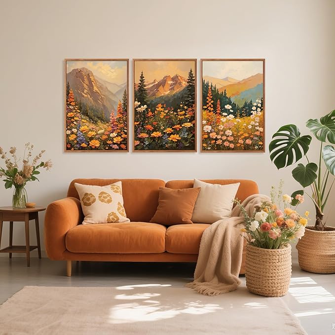 Aurlan Boho Mountain Sunset Landscape Framed Wall Art(16"x24"), 3PCS Large Wildflowers Meadow Canvas Artwork, Colorful Abstract Watercolor Nature Forest Scenery Decor for Home Office Bedroom