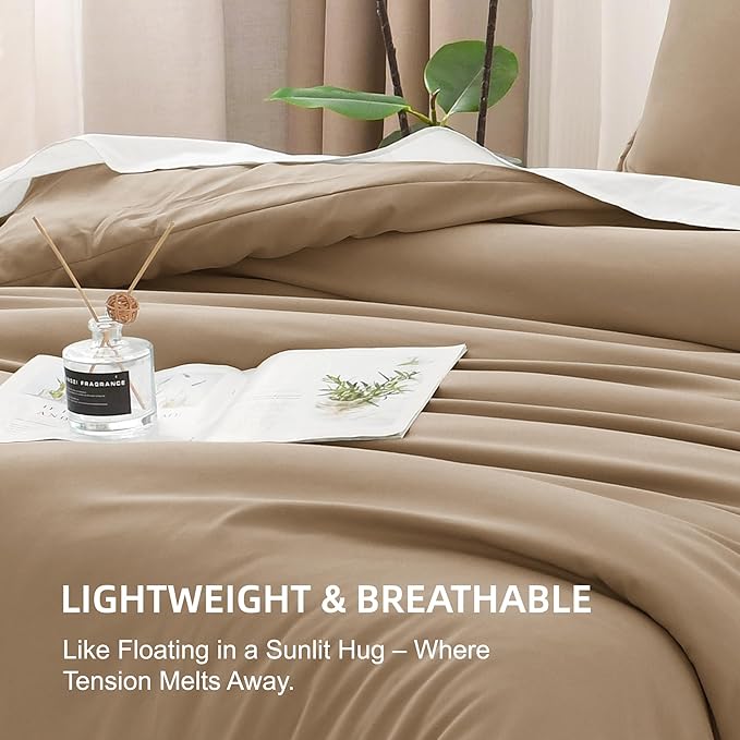 Litanika Taupe Comforter Set Full Size, 3 Pieces Solid Bedding Comforter Set, All Season Fluffy Bed Set (79x90In Comforter & 2 Pillowcases)