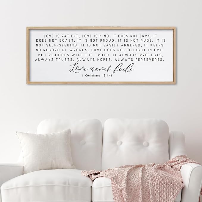 ZZJJHYWGQ Love is Patient Love is Kind Wall Decor 40"X15" Corinthians 13 Large Bible Verse Quote Sign for Above Bed Hanging Wood Framed Wall Art (Wood