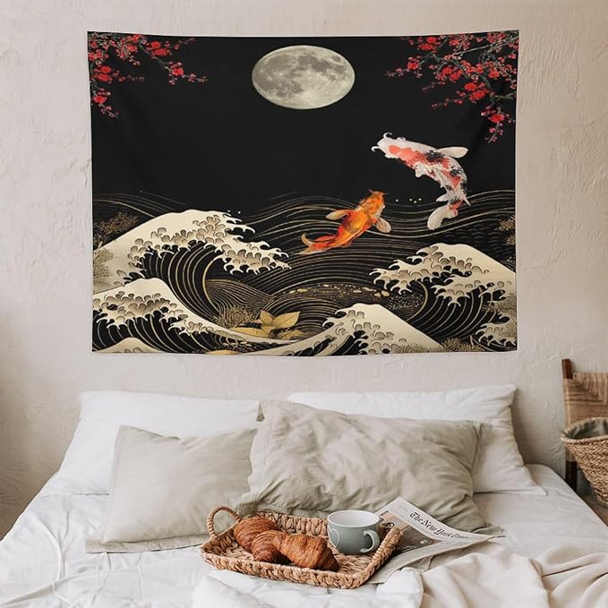 Houselerax Koi Fish Tapestry, Japanese Style Yin Yang Big Wave Cherry Blossom Tapestries Wall Hanging for Bedroom Living Room Office Decor 40"x30"