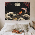 Houselerax Koi Fish Tapestry, Japanese Style Yin Yang Big Wave Cherry Blossom Tapestries Wall Hanging for Bedroom Living Room Office Decor 40"x30"