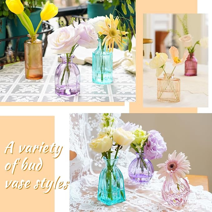 12PCS Mixed Colored Bud Vases Small Glass Vases for Flowers Colorful Vintage Flower Vase for Centerpieces Aesthetic Glass Bottles Bulk Wedding Baby Shower Home Decorations Gifts