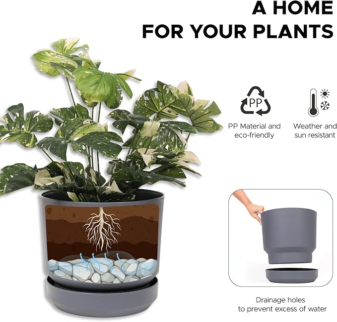 Elly Décor 12 inch Plastic Cylinder Planter Pot with Self-Watering Saucer and Drainage Hole,Lightweight & Extremely Durable, 12"x 12", Gray