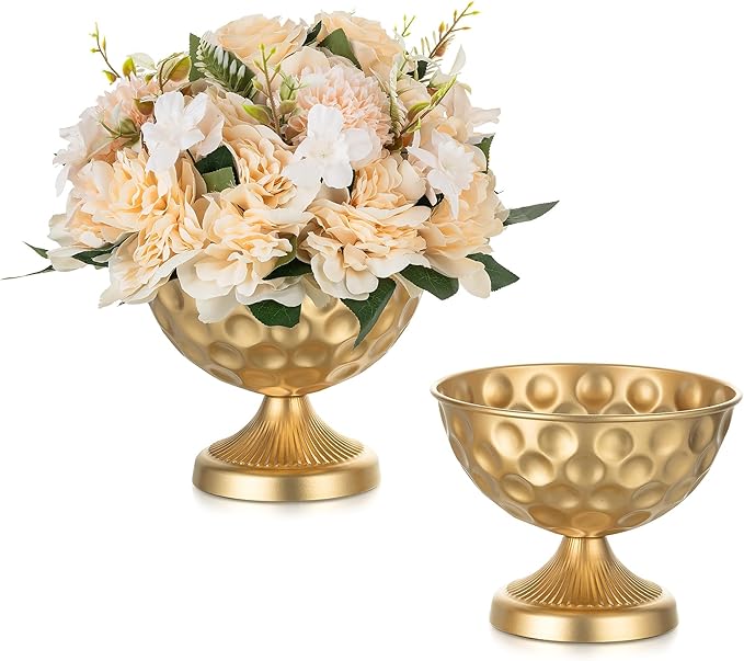 Sziqiqi Gold Metal Vases for Wedding Centrepiece: 6.1in 2Pcs Hammered Urn Vase Bowl Compote Vase for Flower Decorations