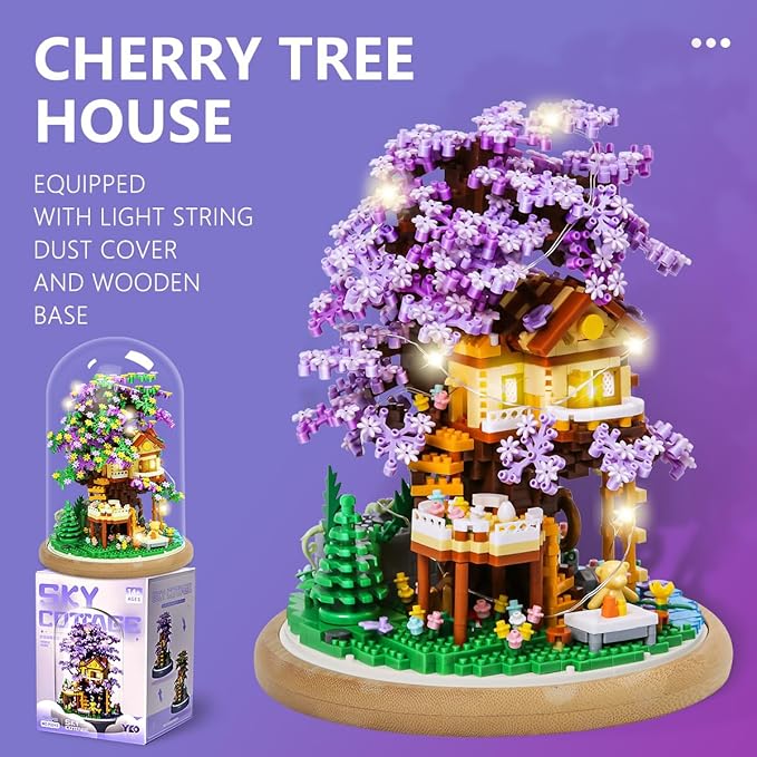 DIY Flower Building Toy Sets Miniature Cherry Blossom Tree House Building Kit, Purple & Yellow Sakura Flowers, Building Blocks Set for Adults & Girls - Bonsai Tree Model with Dust Cover