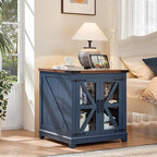 Farmhouse End Table with Charging Station Set 2, 24" Large Sofa Side Table with Glass Barn Door, Blue Nightstand with Adjustable Storage Shelf,Wood Square Bedside Table for Living Room,Bedroom