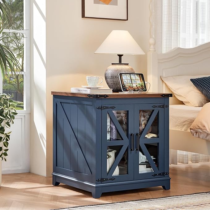 Farmhouse End Table with Charging Station Set 2, 24" Large Sofa Side Table with Glass Barn Door, Blue Nightstand with Adjustable Storage Shelf,Wood Square Bedside Table for Living Room,Bedroom