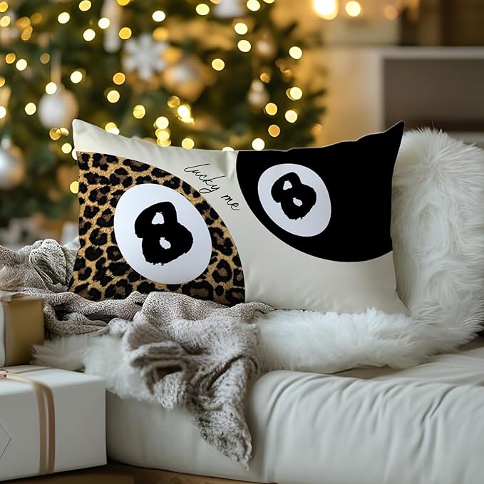 Trendy Leopard Lucky 8 Ball Pillow Covers 20x12, Cheetah Leopard Print Room Decor, Funky Preppy Leopard and Black Billiards Decorative Throw Pillow Covers for Girls Dorm Apartment