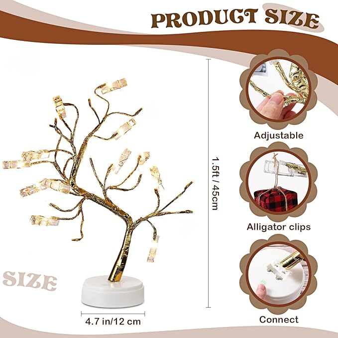 Mudder Money Holder Tree Present Card Holder with 12 Clear Clips LED Birch Twig Lights Tabletop Display Tree for Christmas, Valentines, Memo, Photo, Wedding(Cute Style,Gold, Warm White)