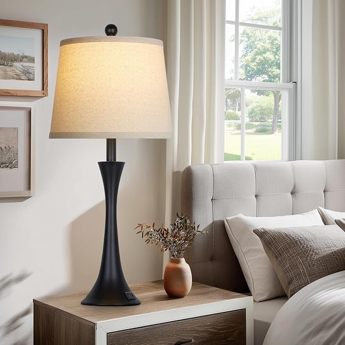 27.5" Table Lamps Set of 2, Touch Bedside Lamps with USB C+A Ports, 3 Way Dimmable Nightstand Lamps for Bedroom, Living Room, Office, Black Lamp with Beige Lampshade, Bulbs Included