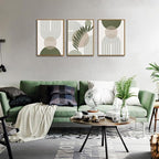 Bwodke Boho Wall Art, Framed Abstract Wall Art, Sage Green Canvas Wall Decor, Mid Century Line Leaf Geometric Pictures Set of 3, Minimalist Paintings, for Bedroom Living Room Bathroom 16"x24"