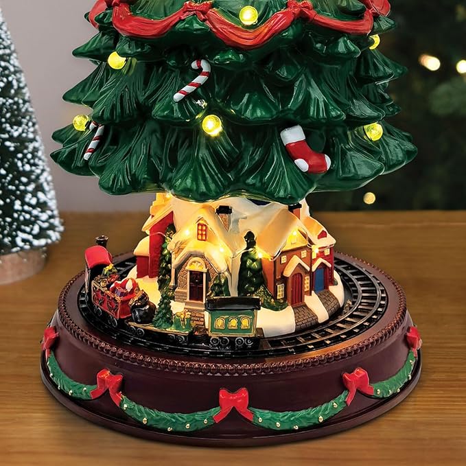 19" Christmas Tree Village House - Animated Tabletop Display with Moving Train, Up & Down Christmas Tree, LED Lights, and Holiday Music - Adapter Included Christmas Decor for Home Gift