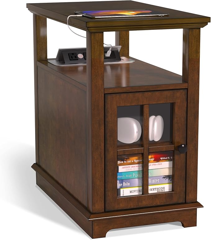 HIFYOBRO End Table with Charging Station, Narrow Side Table with Storage, Nightstand for Small Spaces with USB Ports & Power Outlets Bedside Table-Cherry