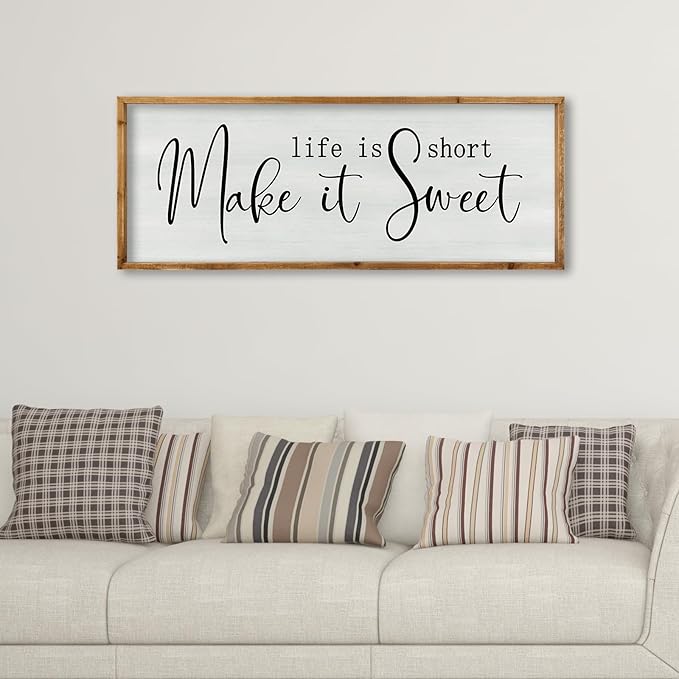 ZZJJHYWGQ Life is Short Make It Sweet Sign Wall Decor 32"×12" for Bedroom Family Lnspirational Quote Large Wood Framed Wall Hanging Art (Wood)