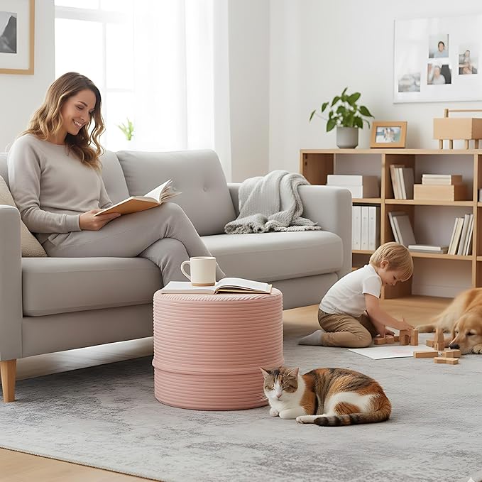 LITA Round Stuffed Pouf Ottoman, Velvet Poufs with High-Density Foam Filling and Washable Cover, Furry and Fluffy Bean Bag Foot Stools Ottoman for Living Room, Bedroom, Office, Pink
