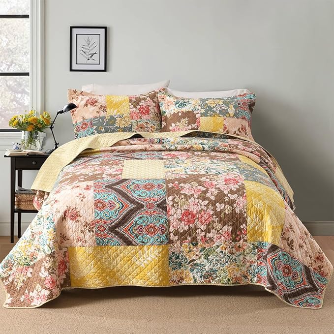 ENASAL Cotton Bedspread Quilt Sets Reversible Bedding Coverlet Sets Luxury Vintage Rustic Gorgeous Paisley Floral Yellow Real Patchwork Bedspread, King Size