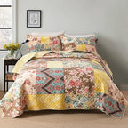 ENASAL Cotton Bedspread Quilt Sets Reversible Bedding Coverlet Sets Luxury Vintage Rustic Gorgeous Paisley Floral Yellow Real Patchwork Bedspread, Queen Size