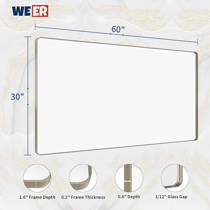 WEER 60X30 Inch Brushed Nickel Bathroom Mirror, Brushed Silver Metal Frame Mirror, Rounded Rectangle Silver Bathroom Vanity Mirror, Tempered Glass, Anti-Rust, Hangs Horizontally or Vertically
