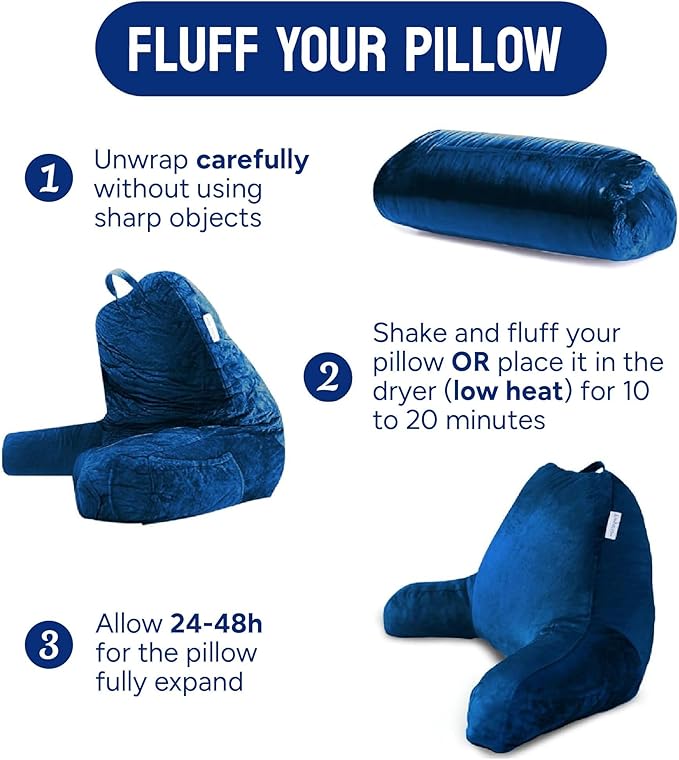 ComfortSpa Reading Pillow for Bed Adult Size, Back Rest Pillow with Arms, Pockets, Washable Cover; Use as Back Pillow for Bed Sitting Up for Bedrest or Relief from GERD Heartburn (Large Navy Blue)