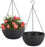 10 inch Hanging Planters for Indoor Plants, 2 Pack Planters for Outdoor Plants with Drainage Holes and Chain, Round Plastic Hanging Baskets, Hanging Flower Pots for Balcony Garden Decor-Black