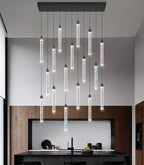 Rectangular Chandeliers 17-Lights Long Light for Entryway LED Dimmable Chandeliers Lighting Fixture Flat Sloped High Ceiling Pendant Lights Crystal for Living Room Foyer Hallway Staircase Black