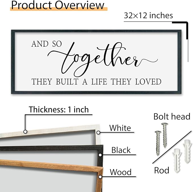 SRSZHIYUE And So Together They Built A Life They Loved Above Bed Sign Wall Decor Art 32"×12" for Master Bedroom Over Bed Large Wood Framed Wall Hanging (Black)