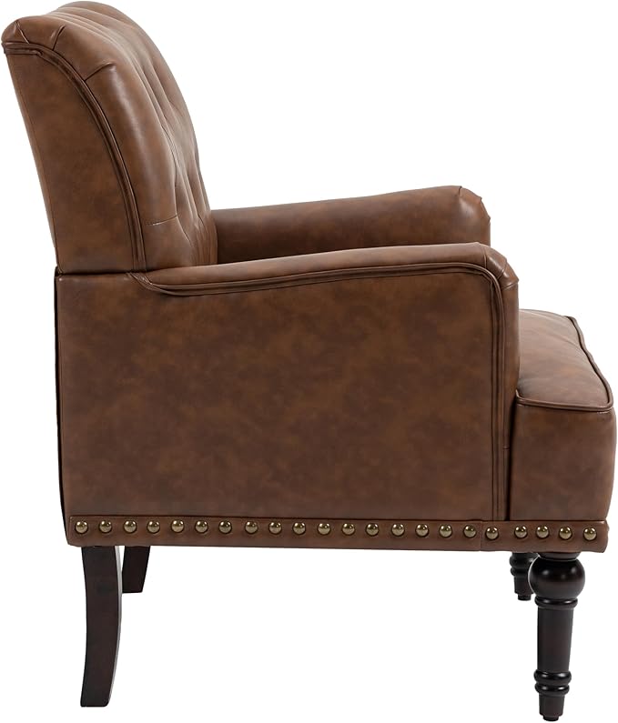 UIXE PU Leather Accent Chair, Modern Upholstered Armchair for Living Room, Comfy Arm Chair Single Sofa Reading Seat with Wooden Legs for Office Home Bedroom - Brown