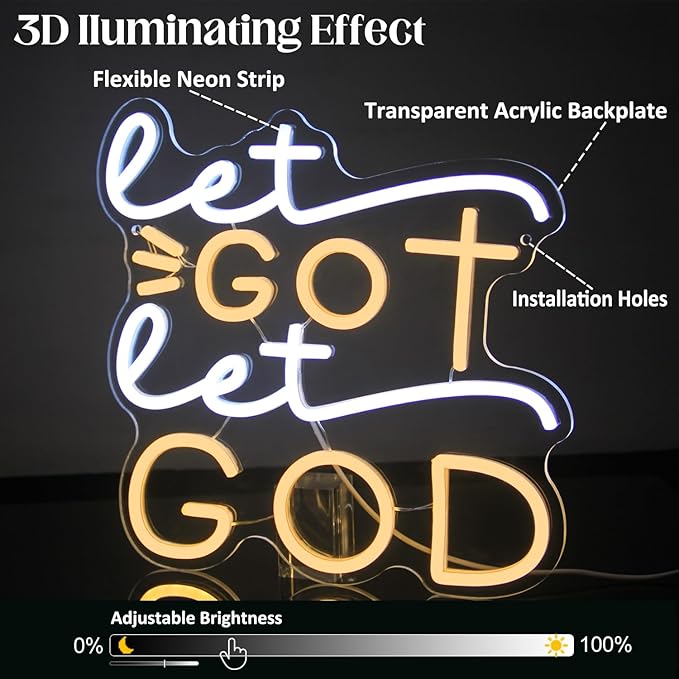 Let Go Let God Neon Sign Warm White Cross Neon Light Dimmable Letters LED Signs for Wall Jesus Neon Lights Signs for Bedroom Church Man Cave Bar Decor Christian Hymn USB Powered